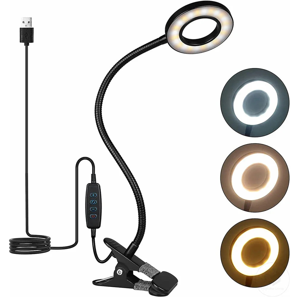Lámpara de escritorio con clip de 48 LED — Luz de lectura USB flexible con 3 modos de color