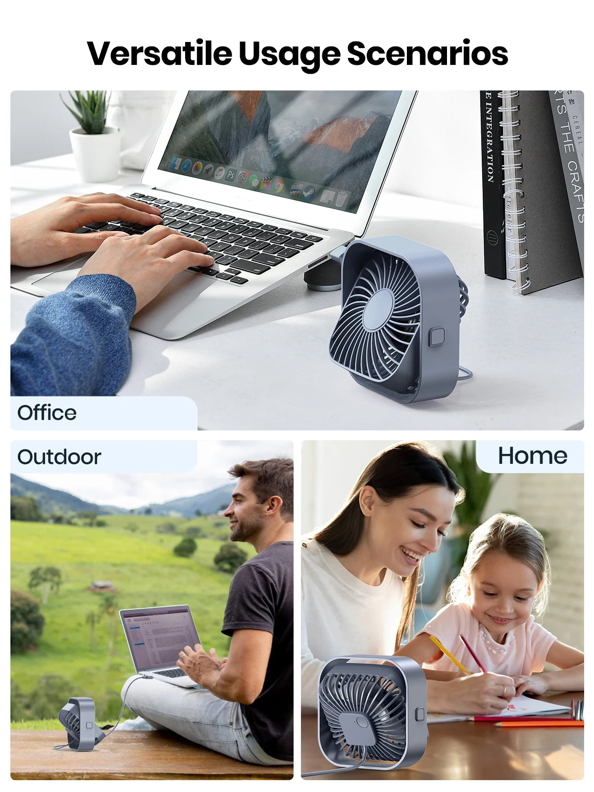 Mini ventilador de escritorio USB portátil — 3 velocidades, silencioso y potente