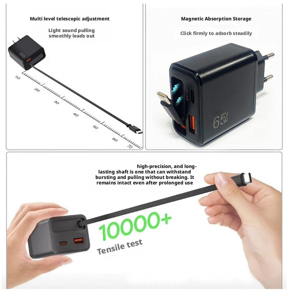 Cargador rápido GaN de 65W — Cargador de pared USB-C ultrafino para iPhone y laptop