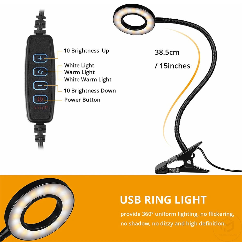 Lámpara de escritorio con clip de 48 LED — Luz de lectura USB flexible con 3 modos de color