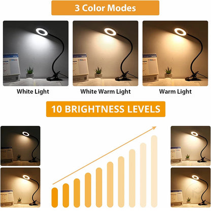 Lámpara de escritorio con clip de 48 LED — Luz de lectura USB flexible con 3 modos de color