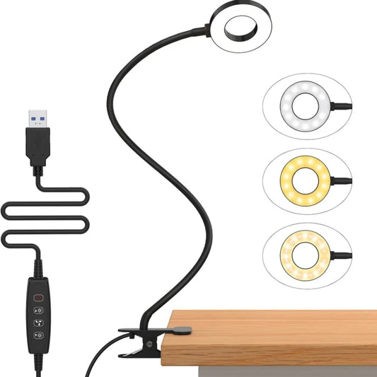 Lámpara de escritorio con clip de 48 LED — Luz de lectura USB flexible con 3 modos de color