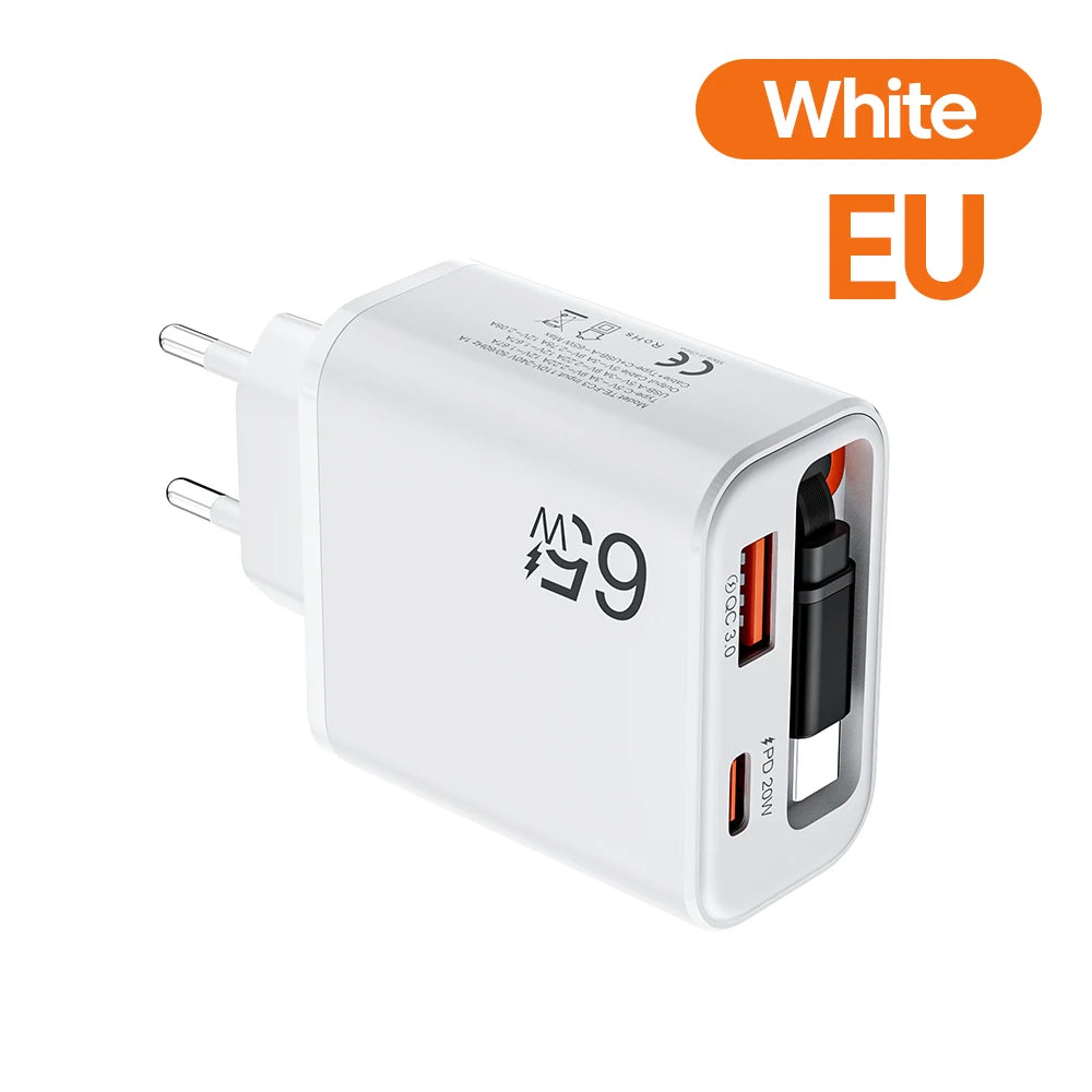 Cargador rápido GaN de 65W — Cargador de pared USB-C ultrafino para iPhone y laptop