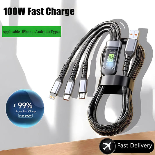Cable de carga rápida 3 en 1 de 100 W — USB-C, Lightning y Micro USB