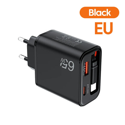 Cargador rápido GaN de 65W — Cargador de pared USB-C ultrafino para iPhone y laptop