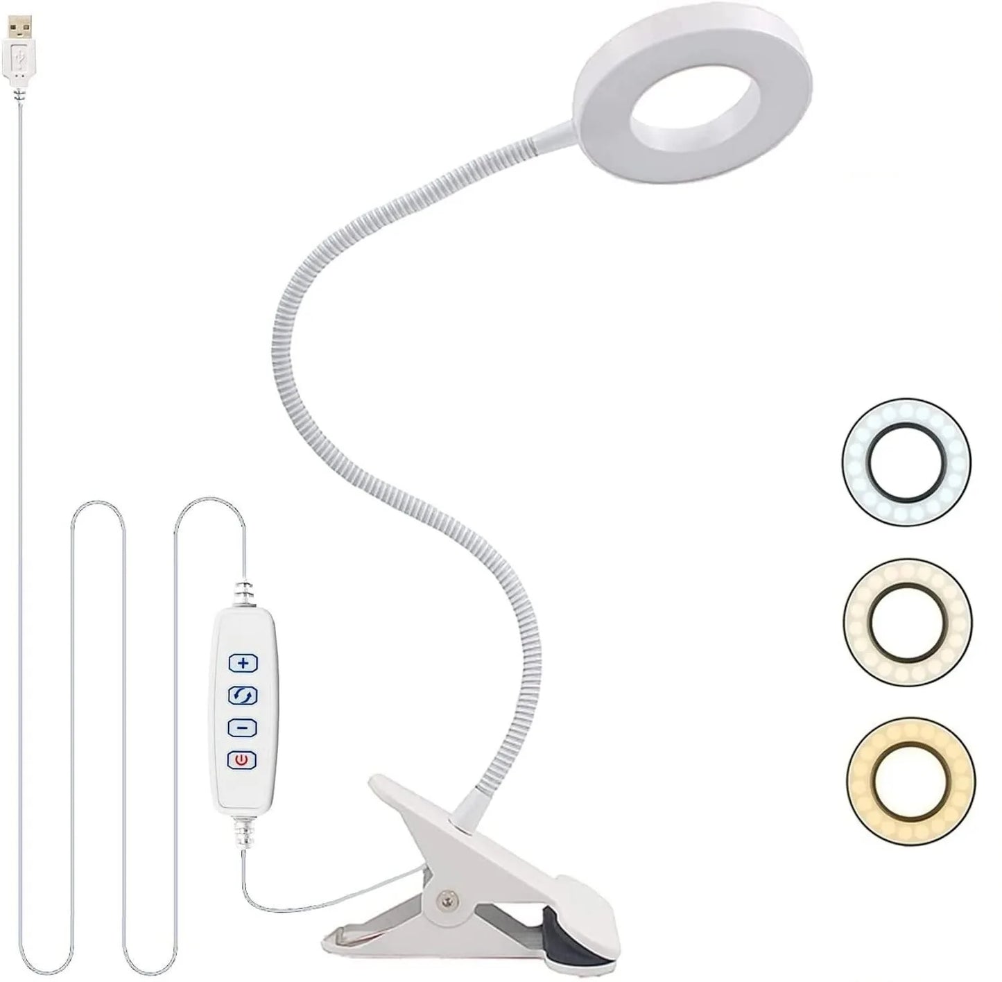 Lámpara de escritorio con clip de 48 LED — Luz de lectura USB flexible con 3 modos de color