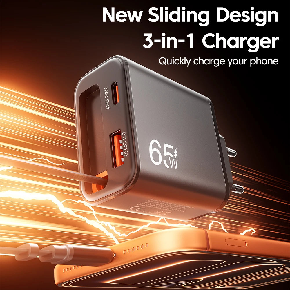Cargador rápido GaN de 65W — Cargador de pared USB-C ultrafino para iPhone y laptop
