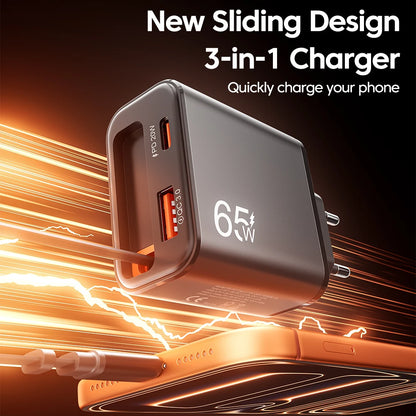 Cargador rápido GaN de 65W — Cargador de pared USB-C ultrafino para iPhone y laptop