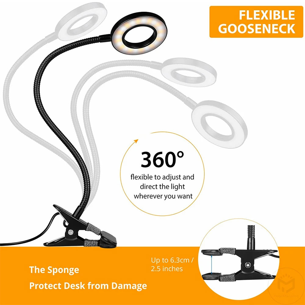 Lámpara de escritorio con clip de 48 LED — Luz de lectura USB flexible con 3 modos de color