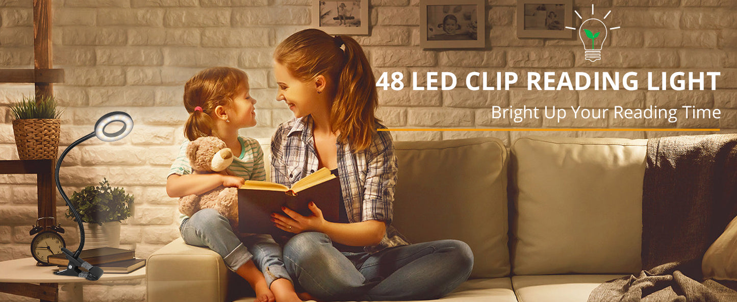 Lámpara de escritorio con clip de 48 LED — Luz de lectura USB flexible con 3 modos de color