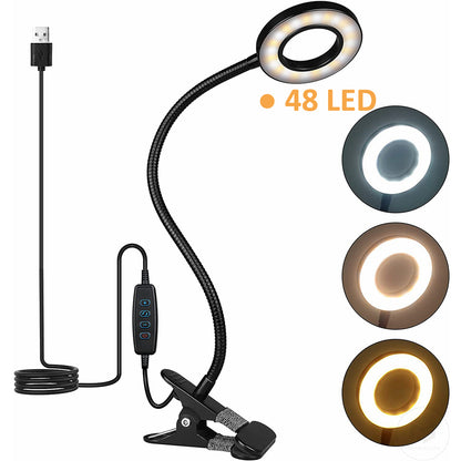 Lámpara de escritorio con clip de 48 LED — Luz de lectura USB flexible con 3 modos de color