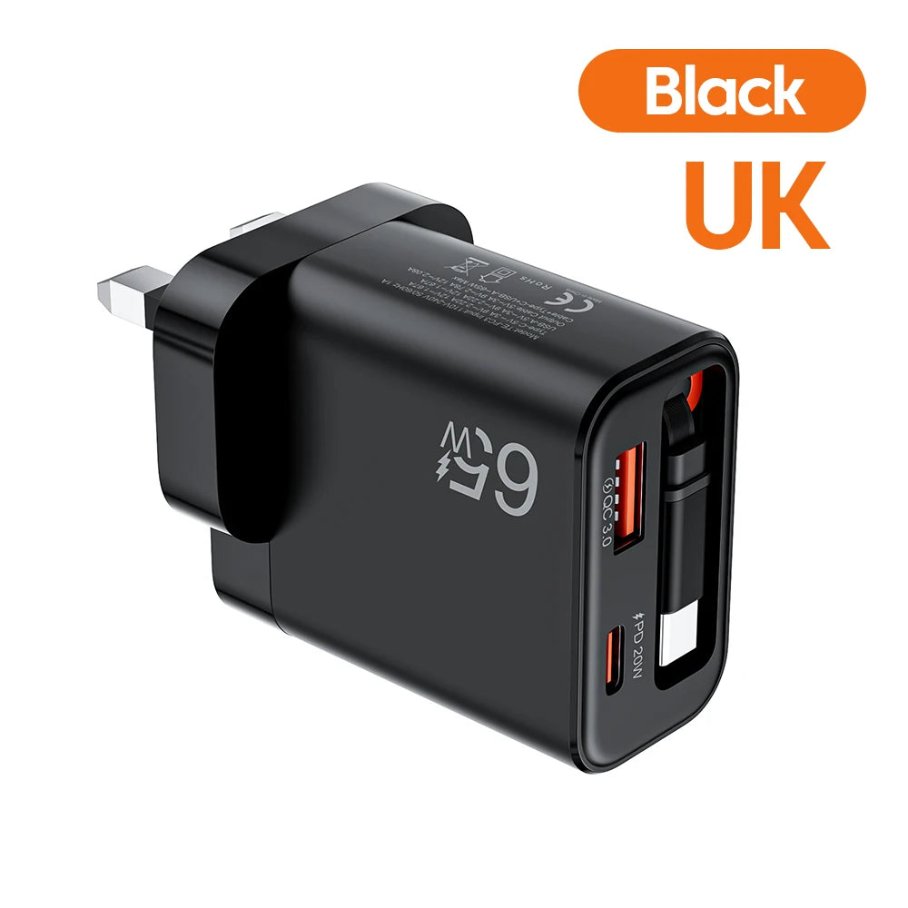 Cargador rápido GaN de 65W — Cargador de pared USB-C ultrafino para iPhone y laptop