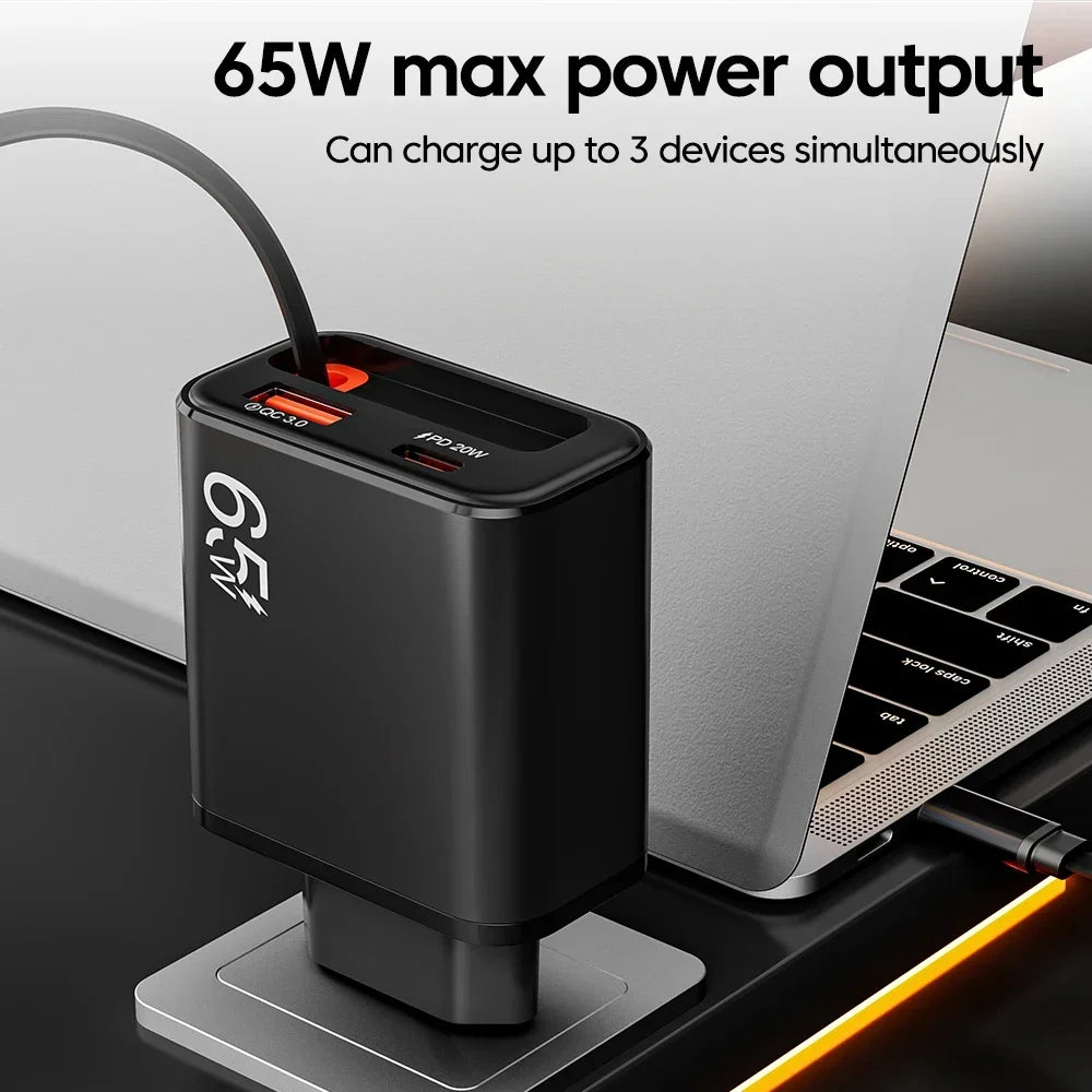 Cargador rápido GaN de 65W — Cargador de pared USB-C ultrafino para iPhone y laptop